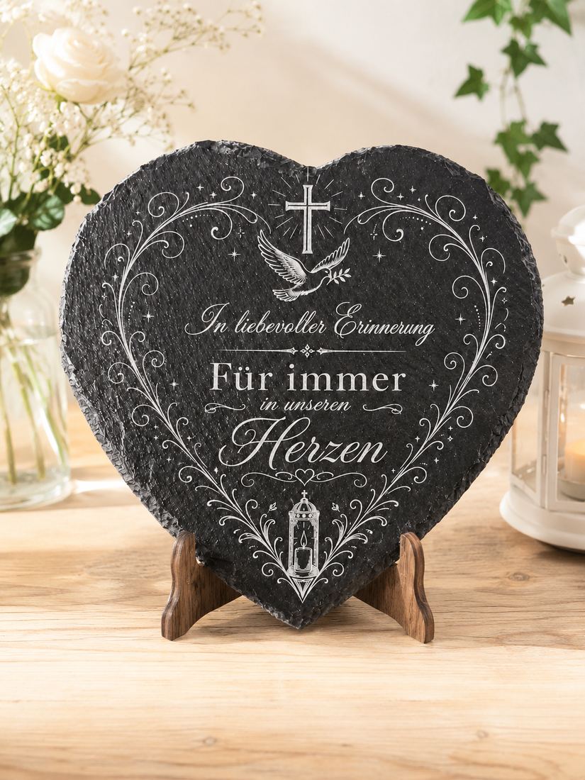 Gedenktafel Herz aus Schiefer mit Foto-Gravur – Grabschmuck
