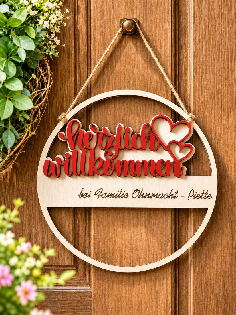 Türkranz aus Holz mit Familiennamen – Willkommensschild