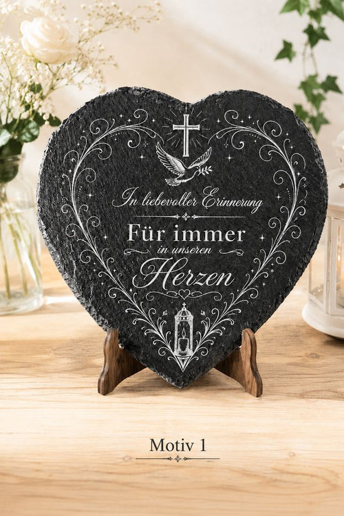 Gedenktafel Herz aus Schiefer mit Foto-Gravur – Grabschmuck