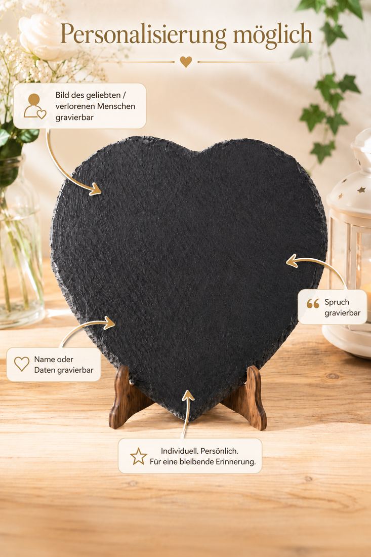Gedenktafel Herz aus Schiefer mit Foto-Gravur – Grabschmuck