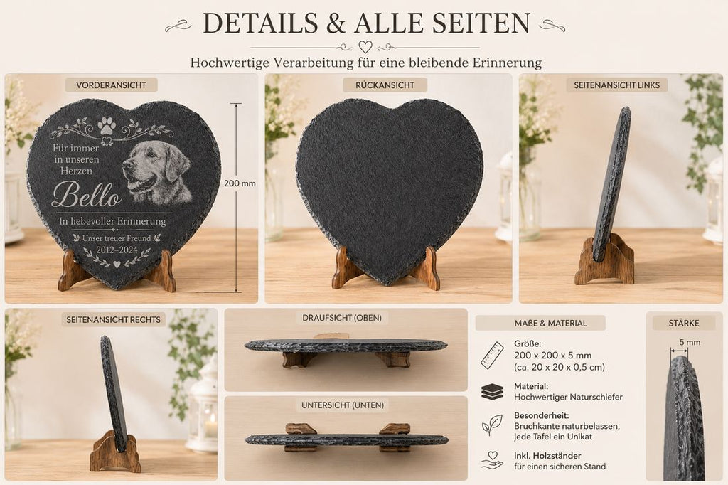 Gedenktafel Herz aus Schiefer für Haustiere – Foto-Gravur
