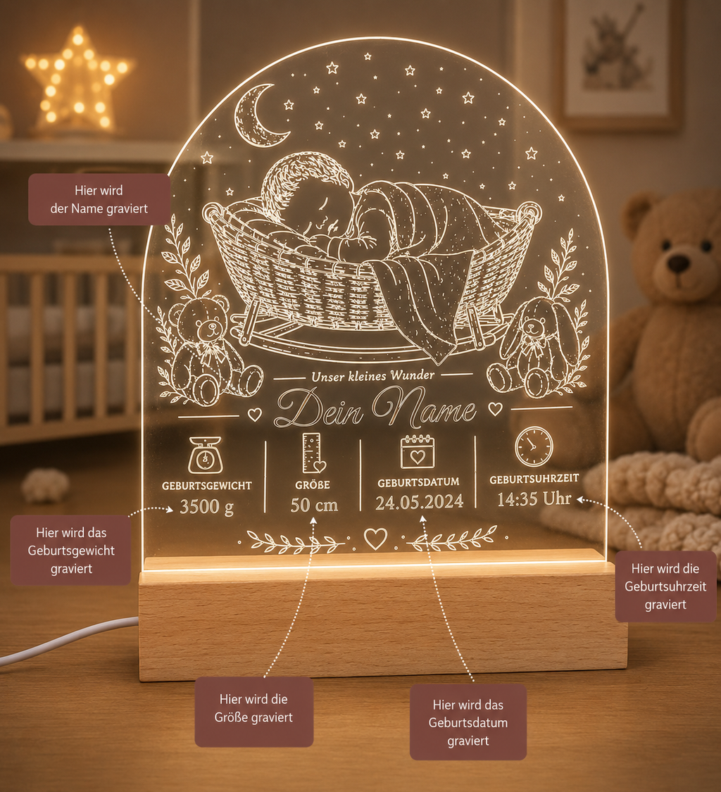 LED-Babylampe „Unser kleines Wunder“ mit Namen