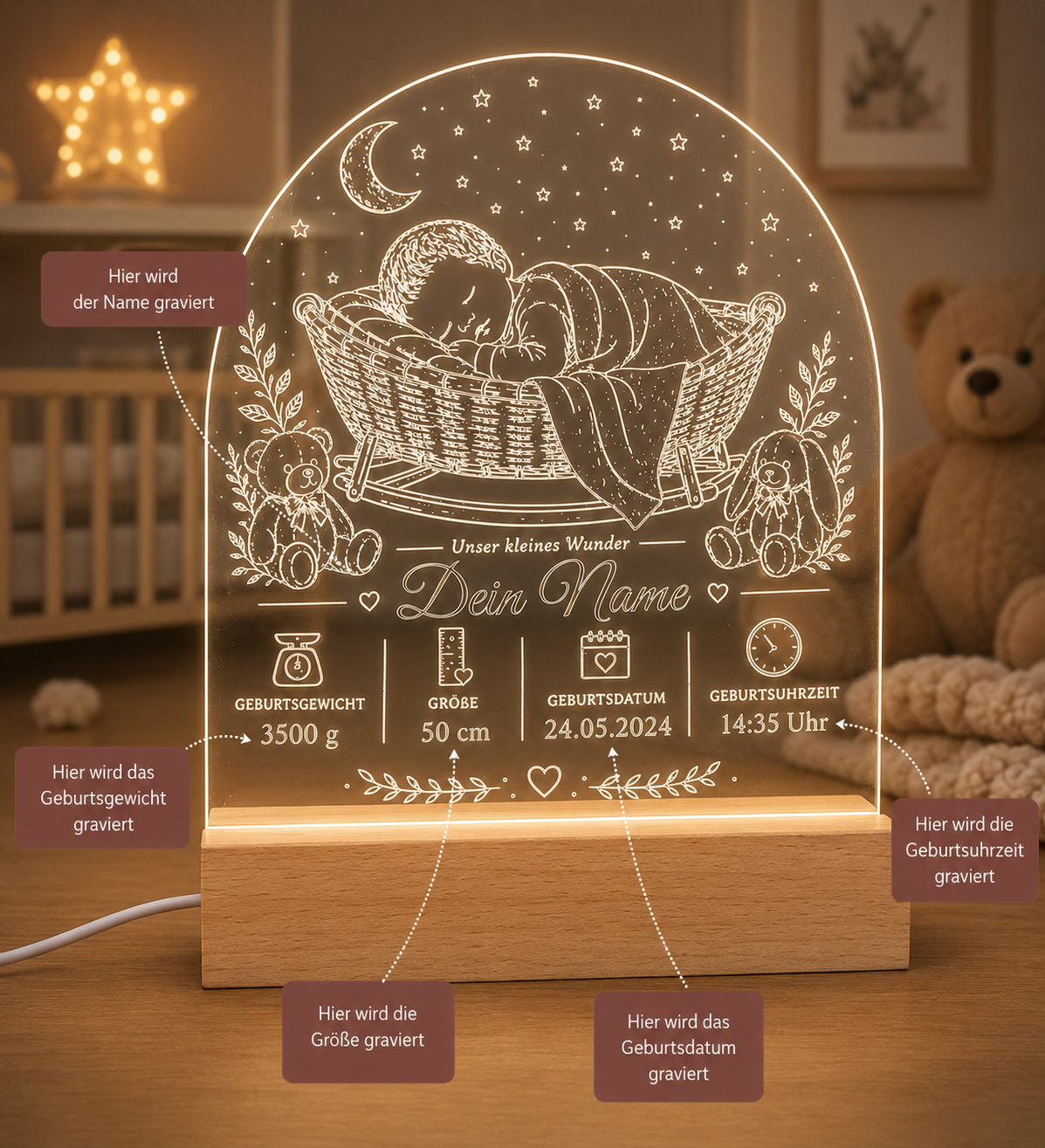 LED-Babylampe „Unser kleines Wunder“ mit Namen