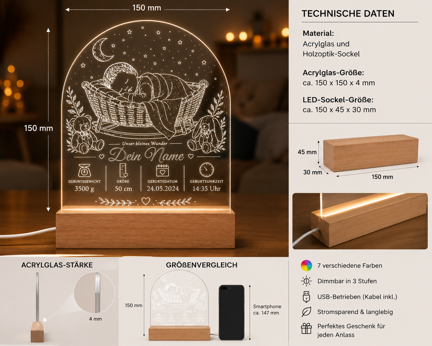 LED-Babylampe „Unser kleines Wunder“ mit Namen