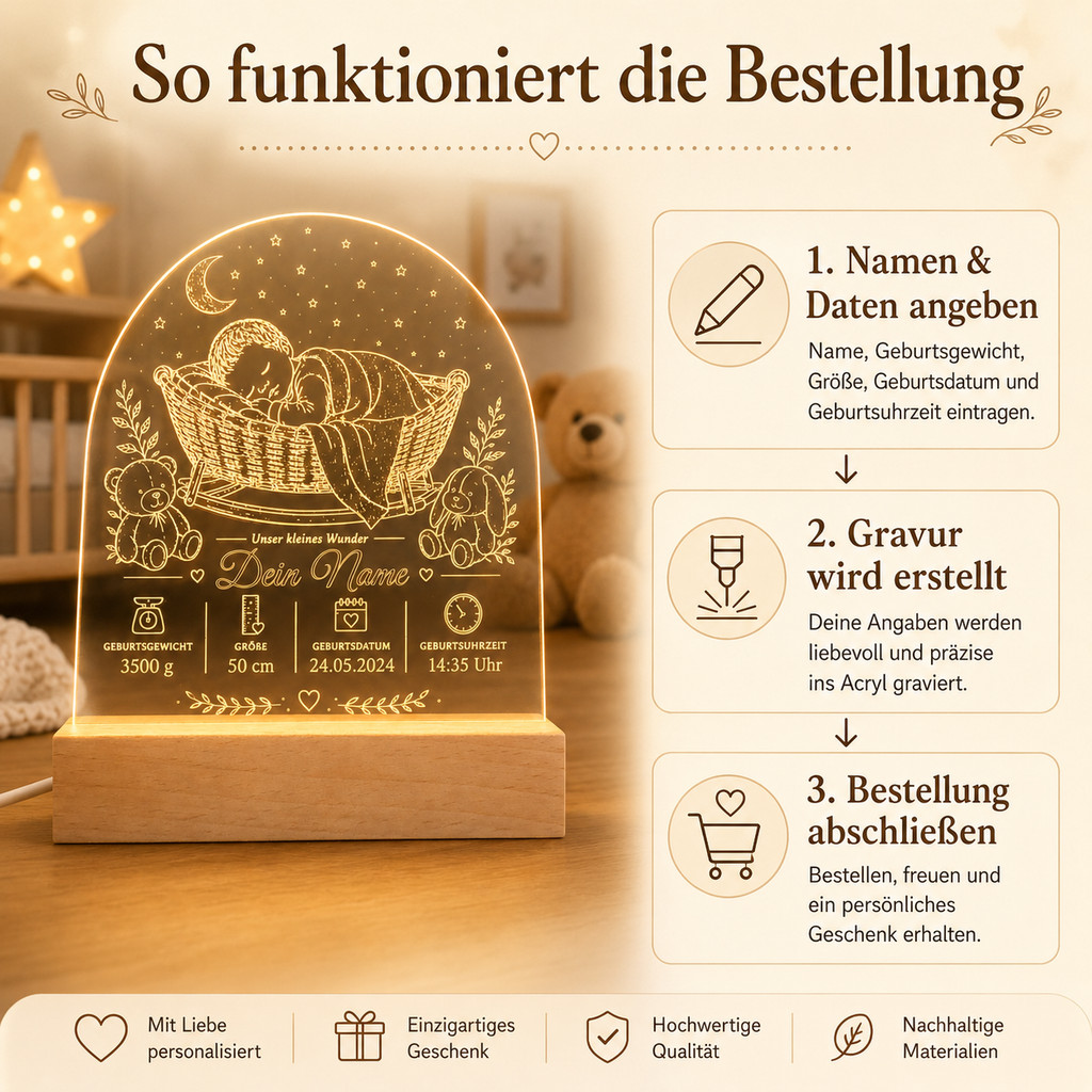 LED-Babylampe „Unser kleines Wunder“ mit Namen