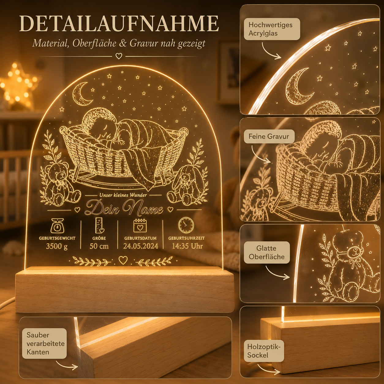 LED-Babylampe „Unser kleines Wunder“ mit Namen