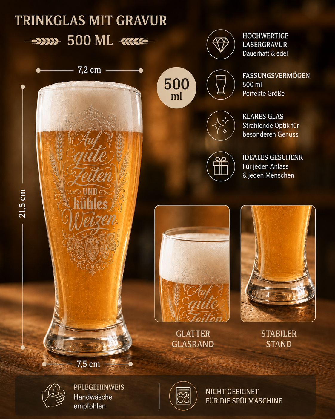 Weizenbierglas „Rette Wasser“ mit Gravur