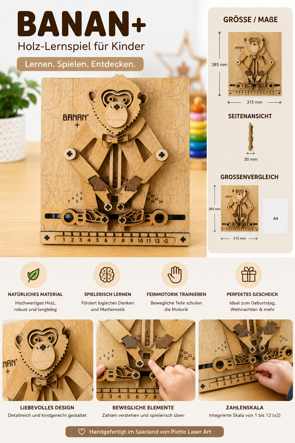 Jeu d'apprentissage en bois personnalisé pour enfants – Modèle BANAN+