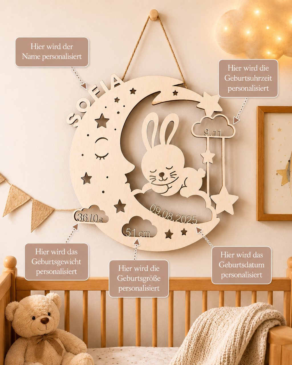 Lampe LED personnalisée prénom "Jasmin" lapin avec lune – Veilleuse en bois pour chambre de bébé