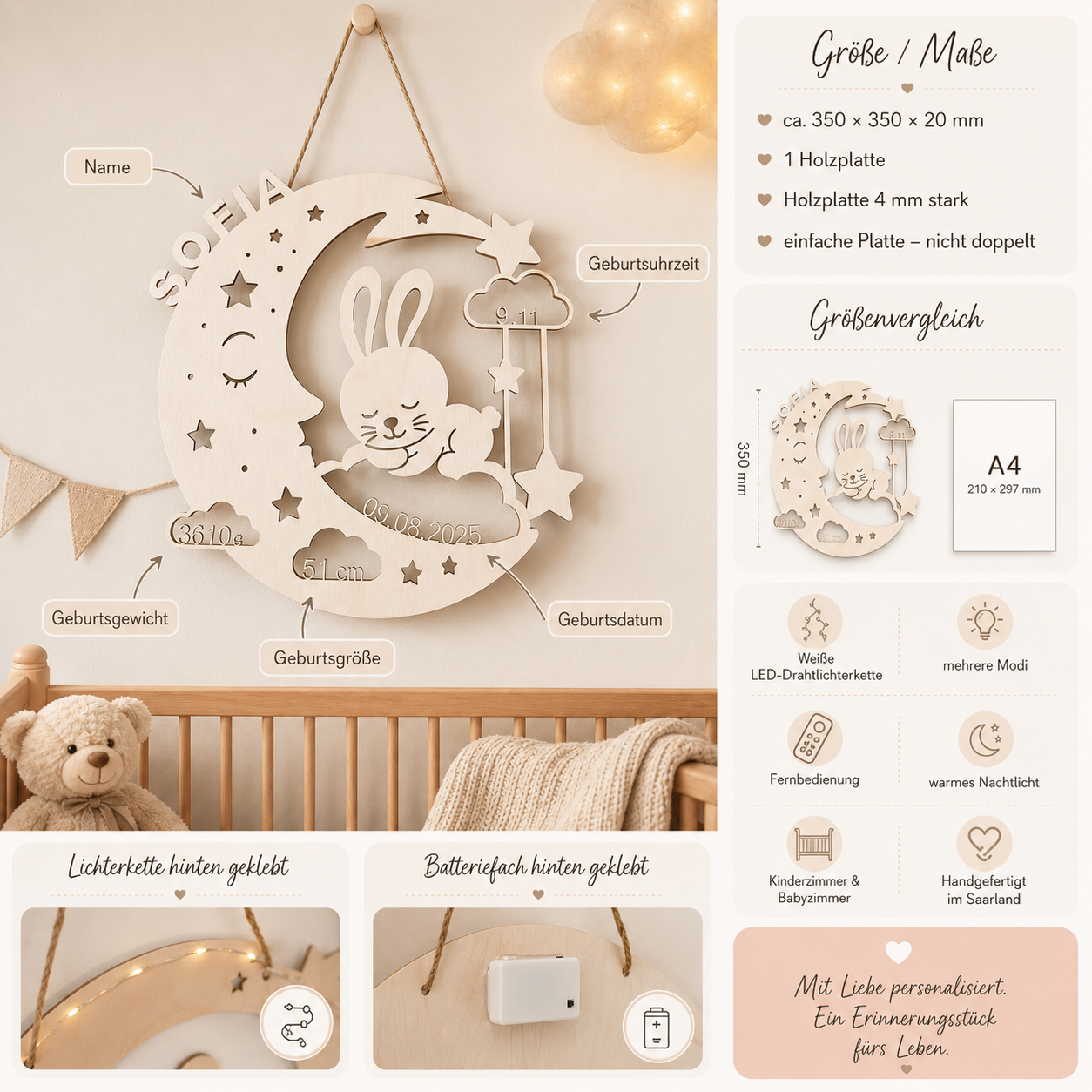 Lampe LED personnalisée prénom "Jasmin" lapin avec lune – Veilleuse en bois pour chambre de bébé