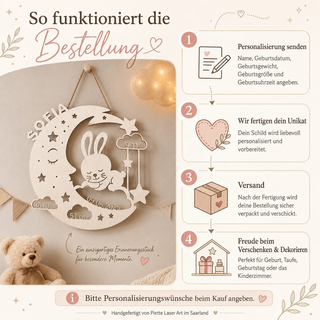 Lampe LED personnalisée prénom "Jasmin" lapin avec lune – Veilleuse en bois pour chambre de bébé