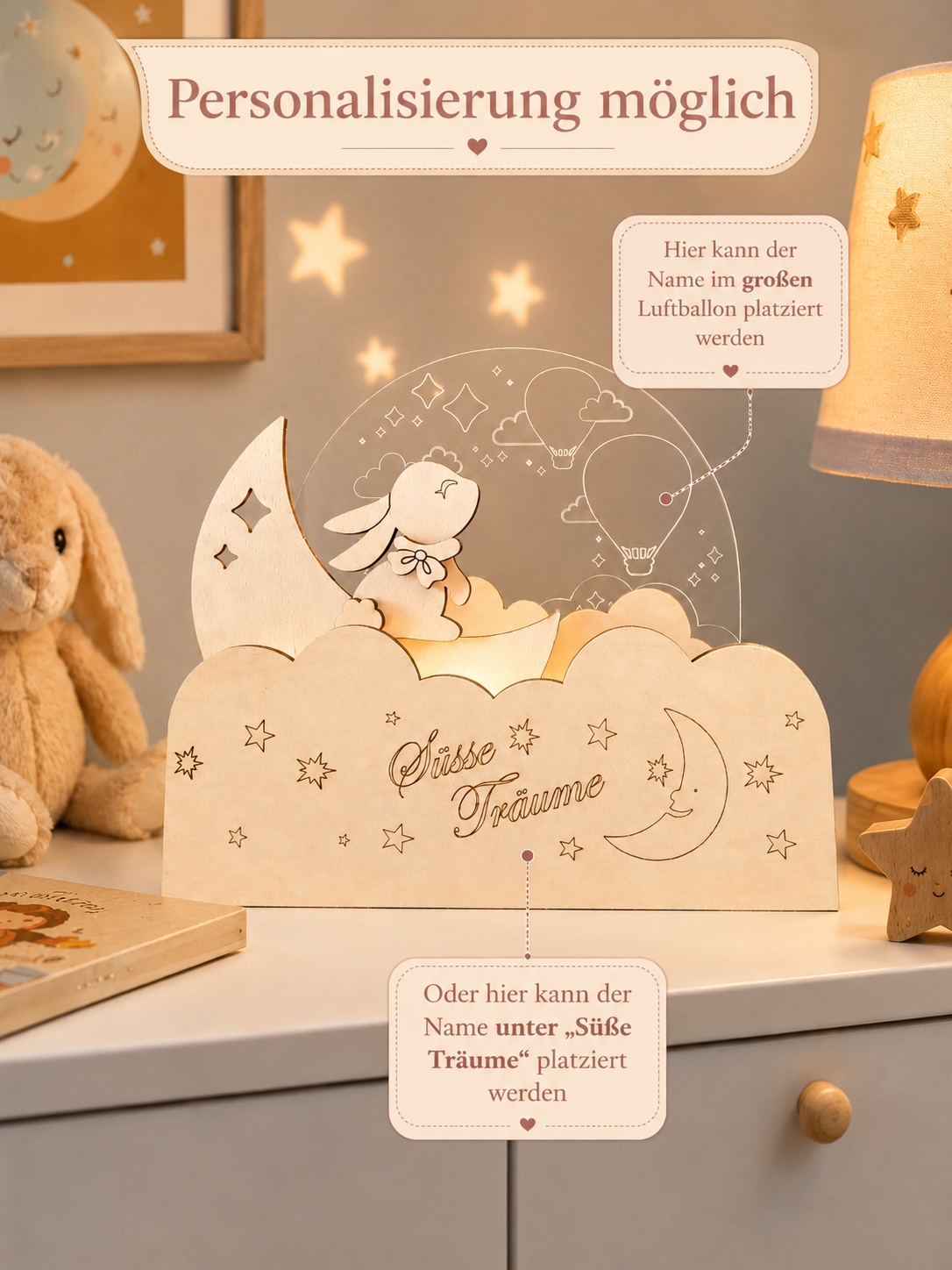 Veilleuse LED personnalisable « Doux rêves » avec lapin, lune et montgolfières – lampe de chambre d'enfant dimmable en contreplaqué de peuplier et verre acrylique