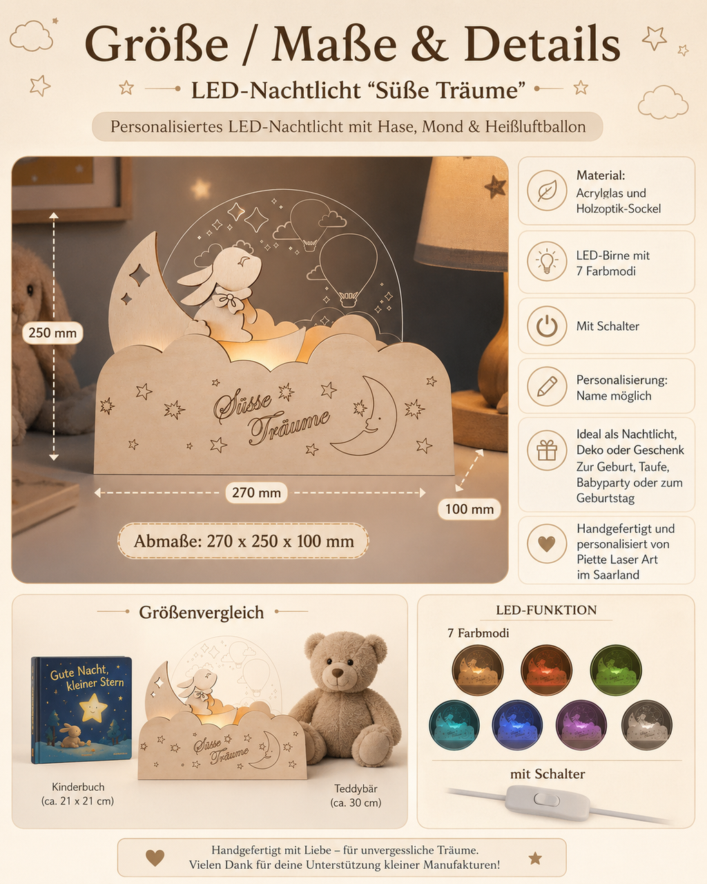 Veilleuse LED personnalisable « Doux rêves » avec lapin, lune et montgolfières – lampe de chambre d'enfant dimmable en contreplaqué de peuplier et verre acrylique