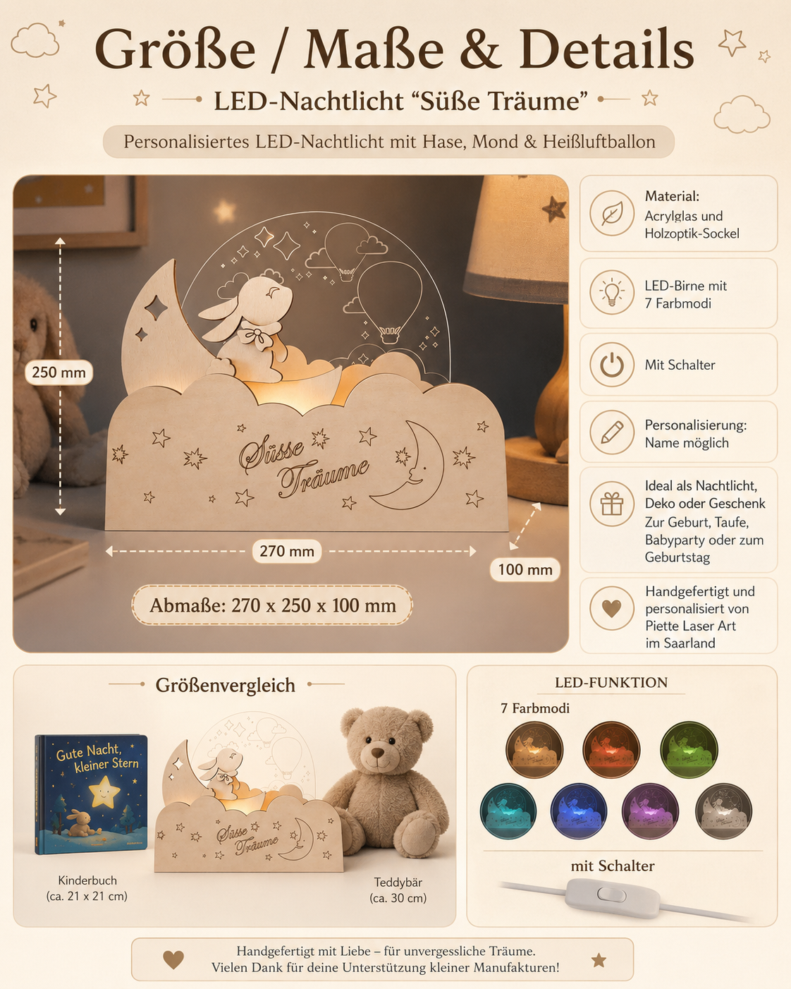 Veilleuse LED personnalisable « Doux rêves » avec lapin, lune et montgolfières – lampe de chambre d'enfant dimmable en contreplaqué de peuplier et verre acrylique