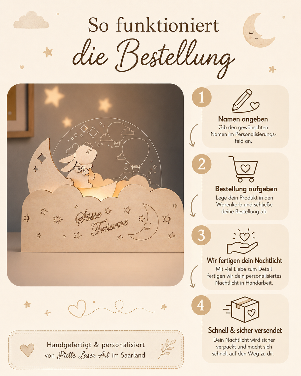 Veilleuse LED personnalisable « Doux rêves » avec lapin, lune et montgolfières – lampe de chambre d'enfant dimmable en contreplaqué de peuplier et verre acrylique