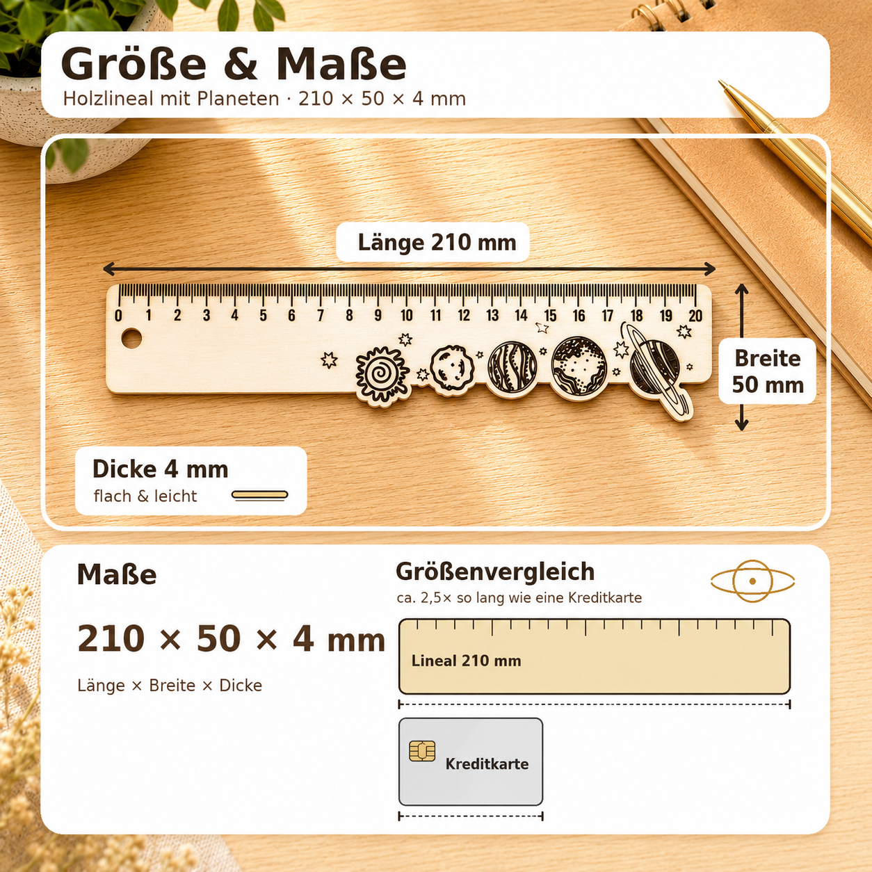 Holz-Lineal mit Weltraum-Motiv, Sonne, Planeten, Sternen und Wunschname links auf der Vorderseite.