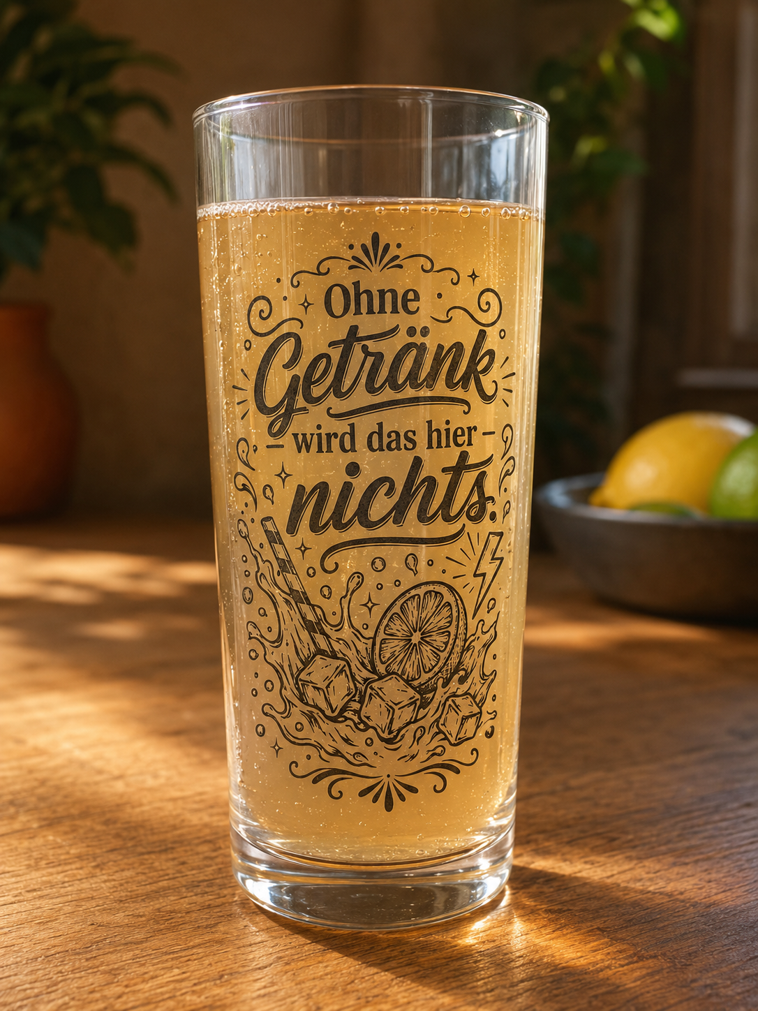 Nahaufnahme der Gravur auf transparentem Trinkglas