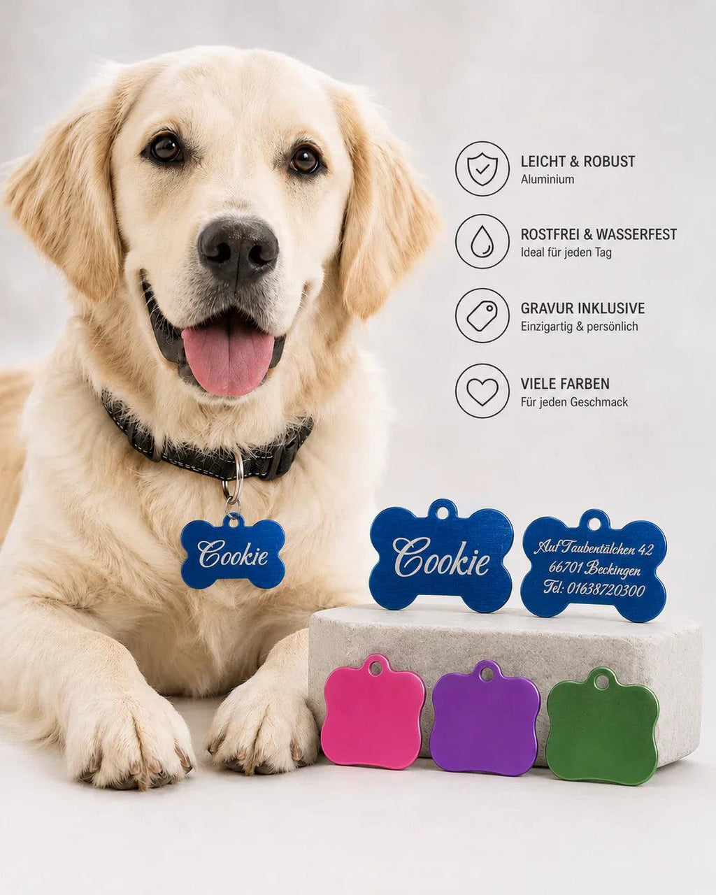 Personalisierte Hundemarke Cookie in Knochenform mit Gravur