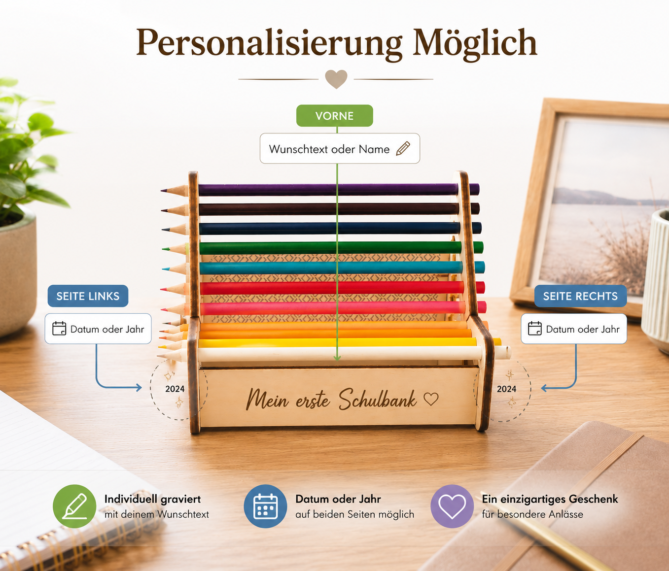 Detailbild des personalisierten Buntstiftständers aus Holz mit graviertem Wunschtext auf der Vorderseite.