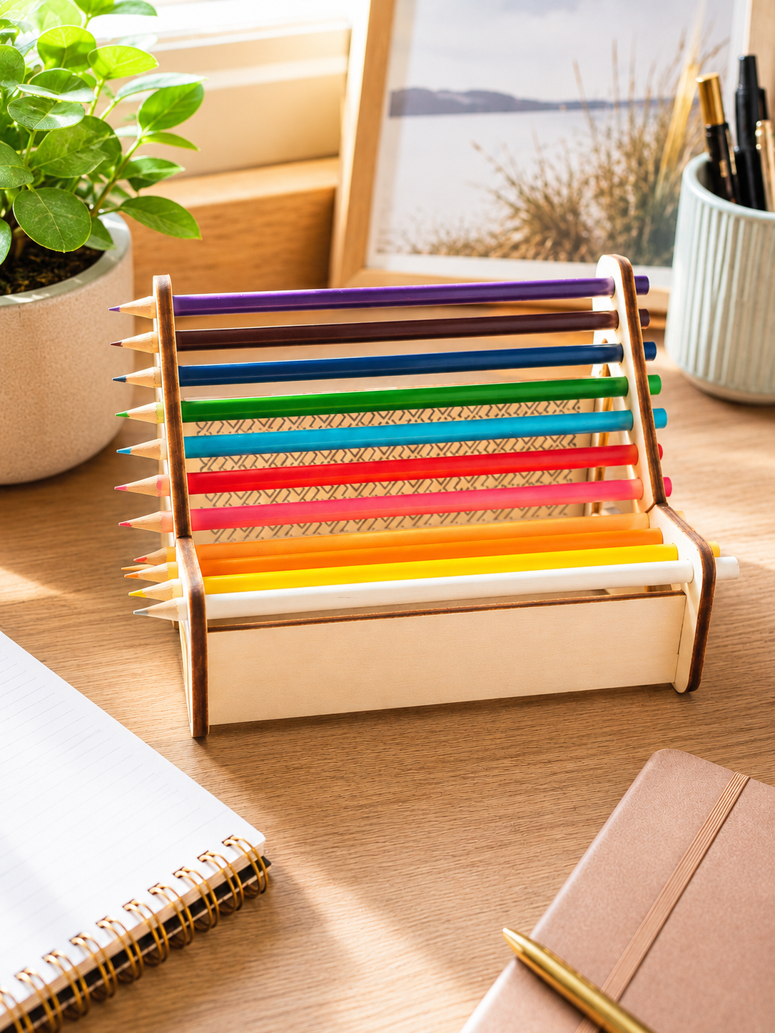 Personalisierter Holz-Stiftehalter inklusive bunter Stifte auf einem Schreibtisch als Geschenk zur Einschulung.