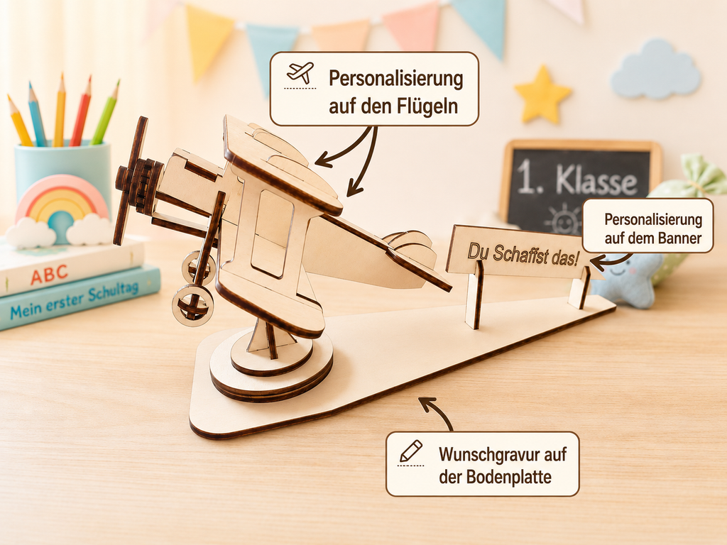 Detailbild vom Holz-Flugzeug mit Flügeln Propeller Banner und natürlicher Holzoptik