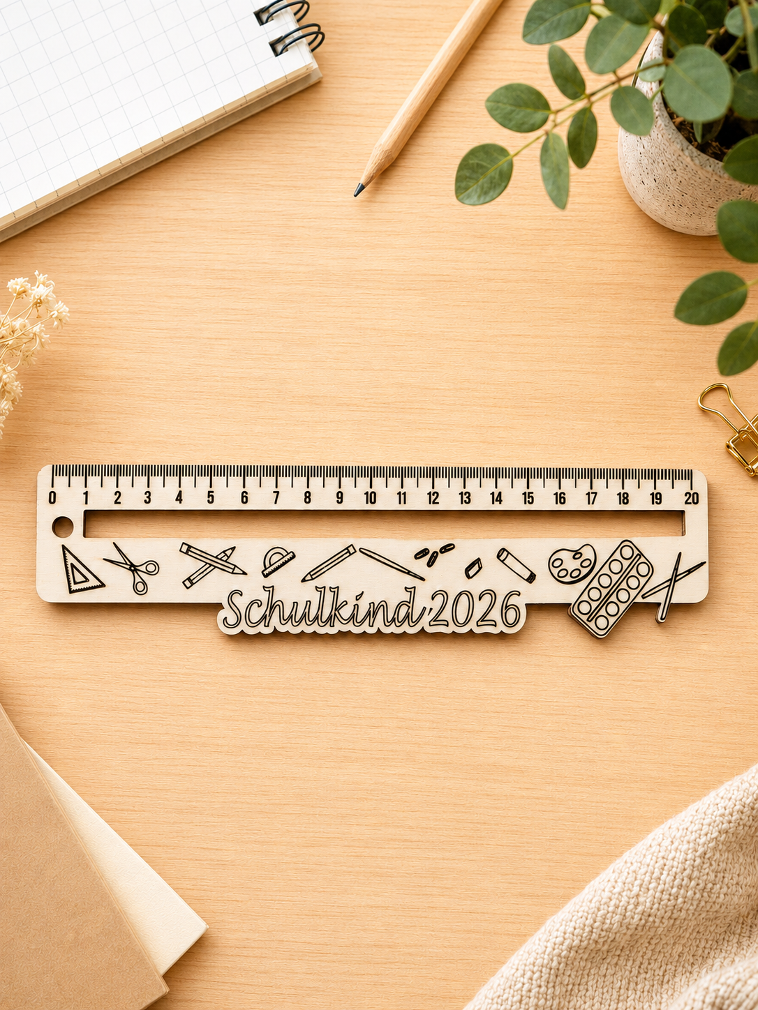Personalisiertes Holz-Lineal mit Schulkind-2026-Motiv, Schulmotiven und Wunschgravur auf der Rückseite als Geschenk zur Einschulung.