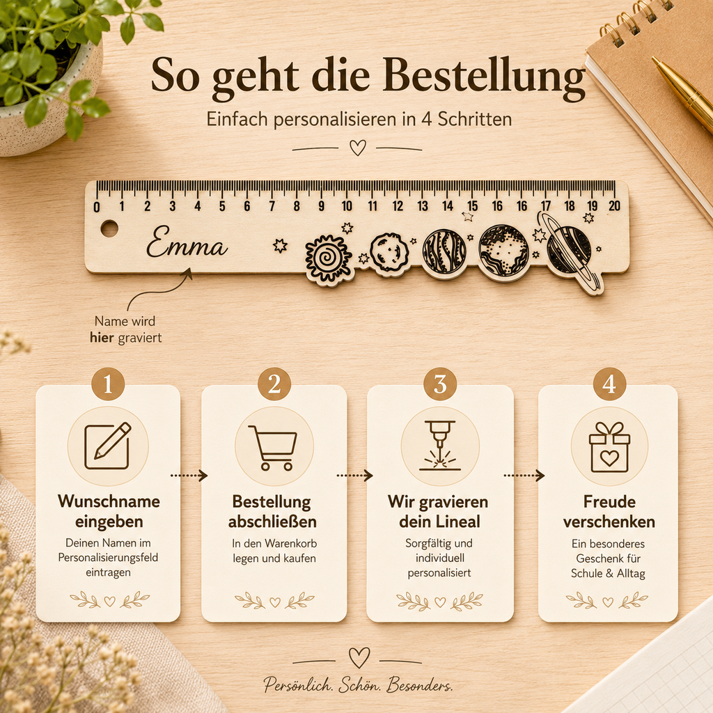 Personalisiertes Holz-Lineal mit Weltraum-Motiv als Geschenk zur Einschulung, für die Schultüte oder den Schulanfang.