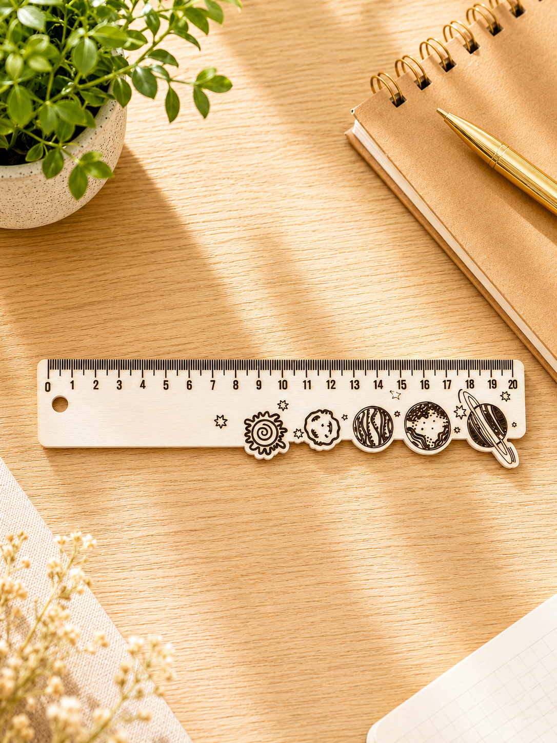 Personalisiertes Holz-Lineal mit Sonne, Planeten, Sternen und 20-cm-Skala als Geschenk zur Einschulung oder zum Schulanfang.
