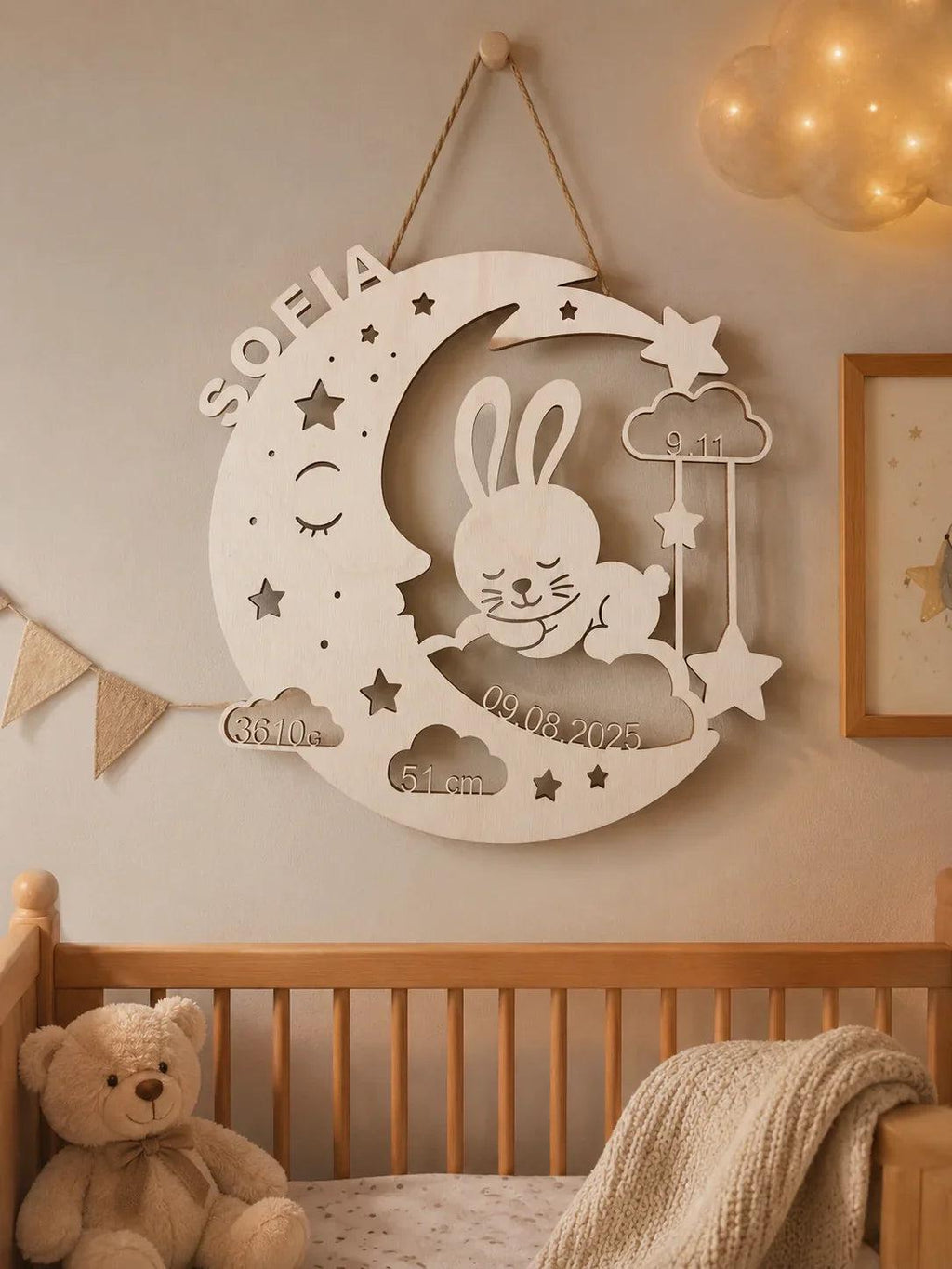 Personalisiertes LED Nachtlicht Namenslampe Jasmin mit Hase & Mond mit Namen