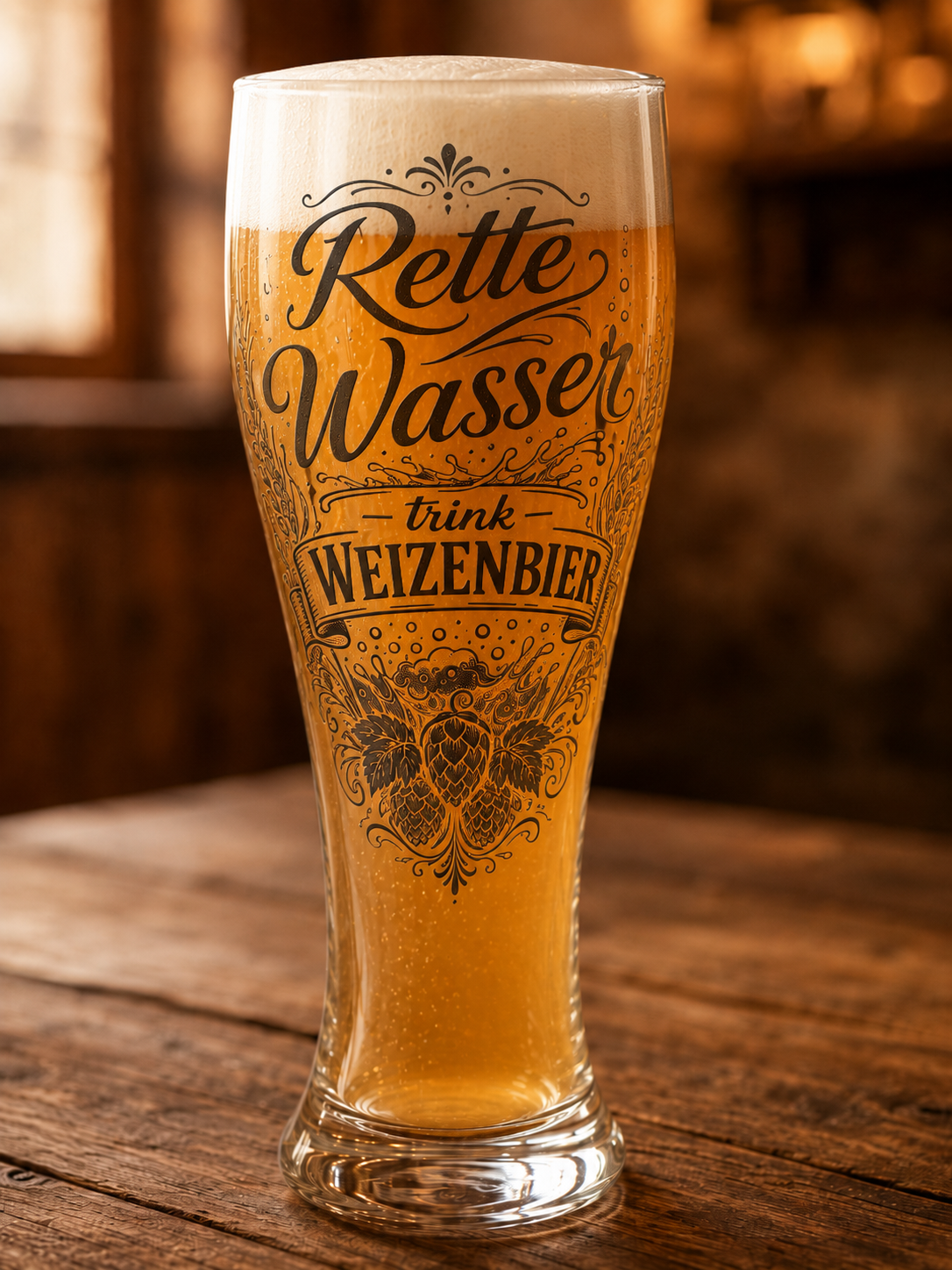 Nahaufnahme der Gravur auf transparentem Weizenbierglas
