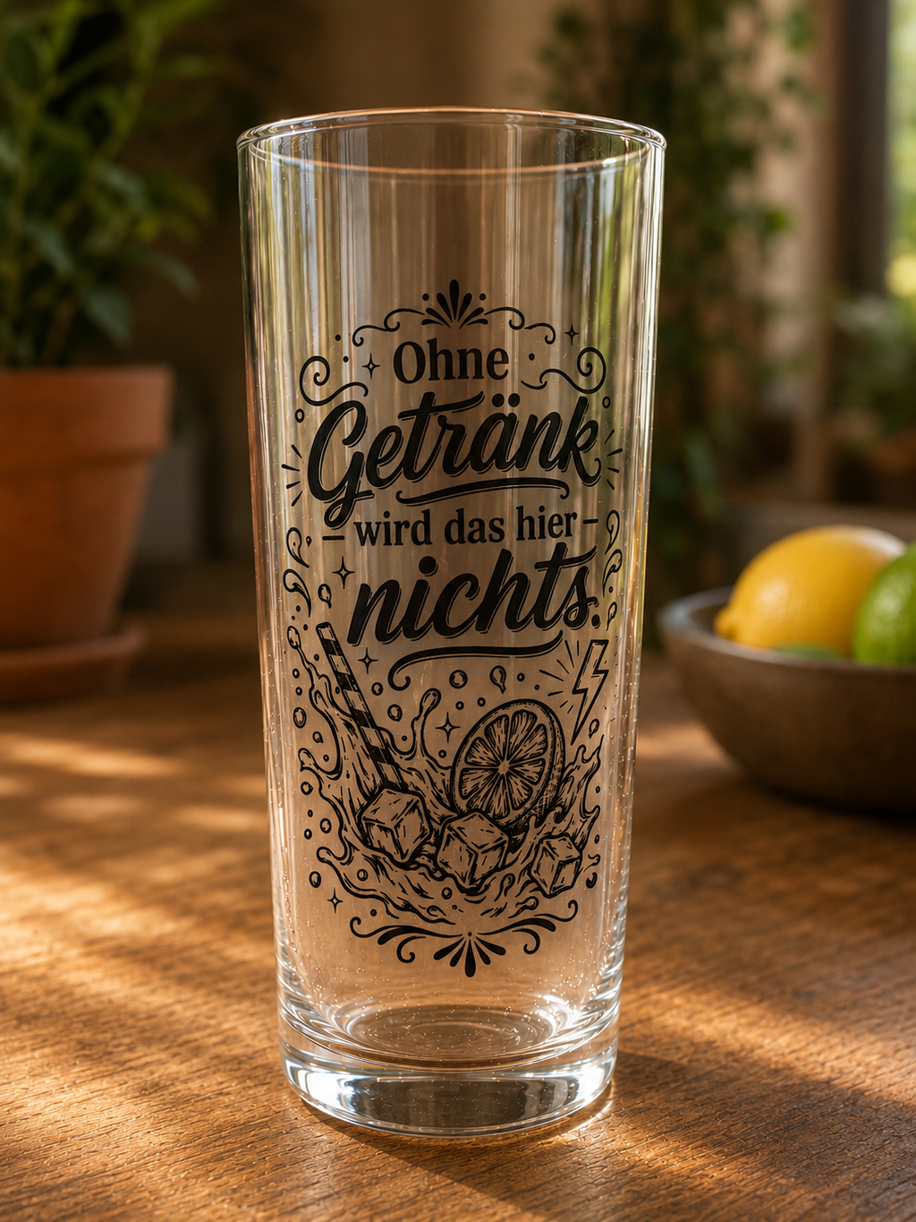 Trinkglas mit Spruch Ohne Getränk wird das nichts und Lasergravur