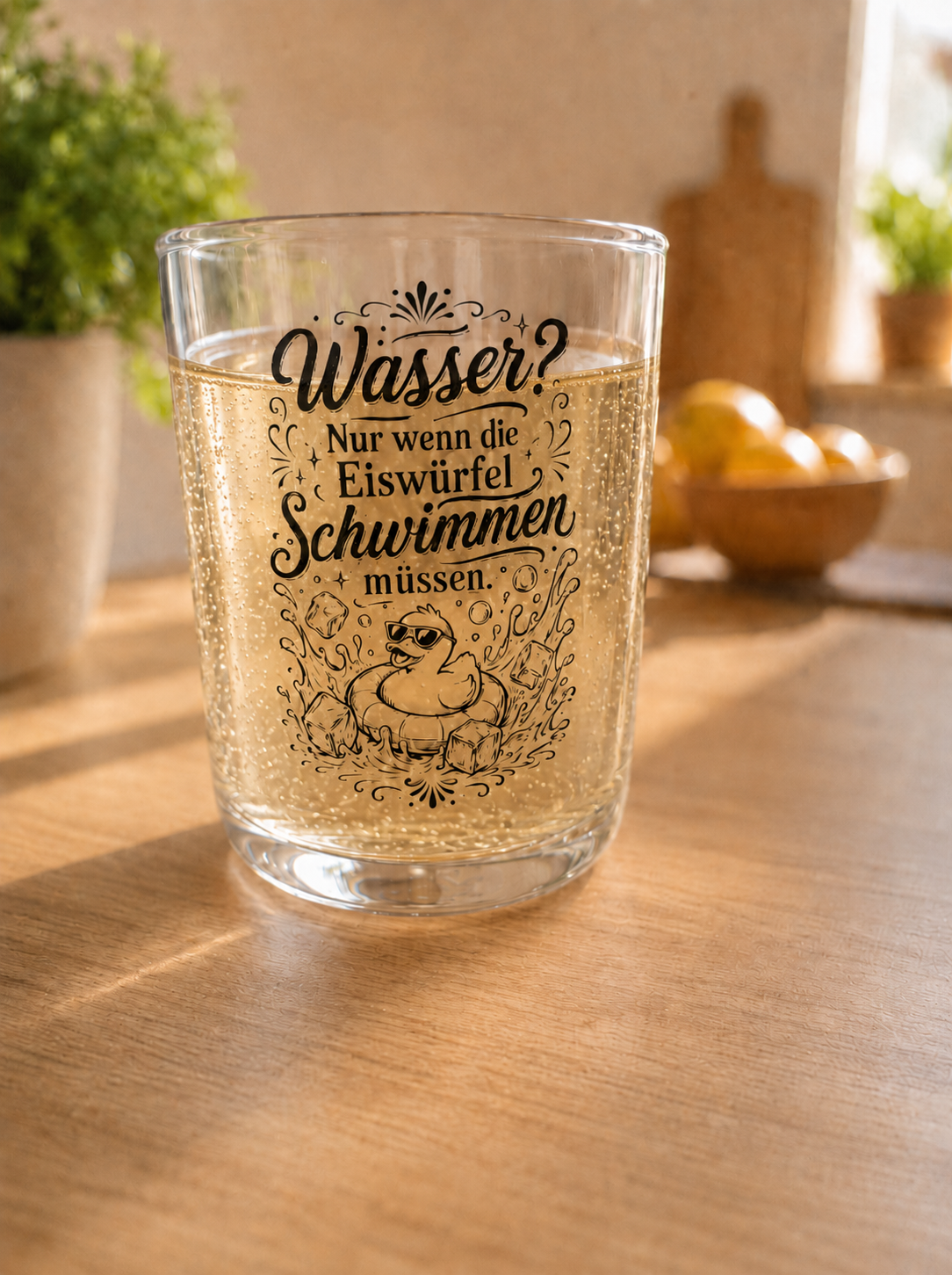Trinkglas mit Spruch Wasser? Nur mit Eiswürfeln und Lasergravur