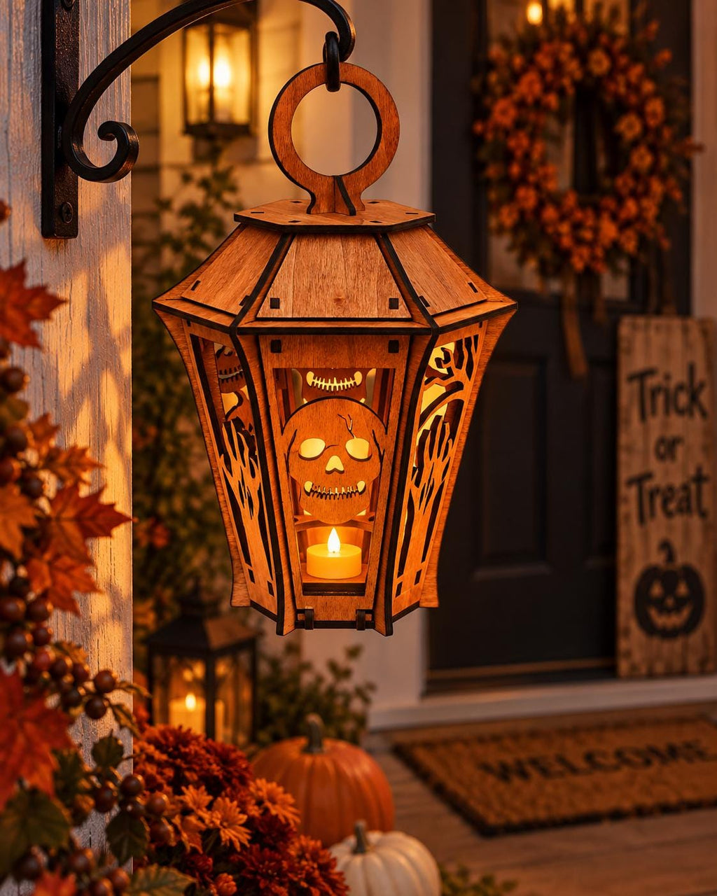 Halloween-Holzlaterne mit Totenkopf, 28 cm