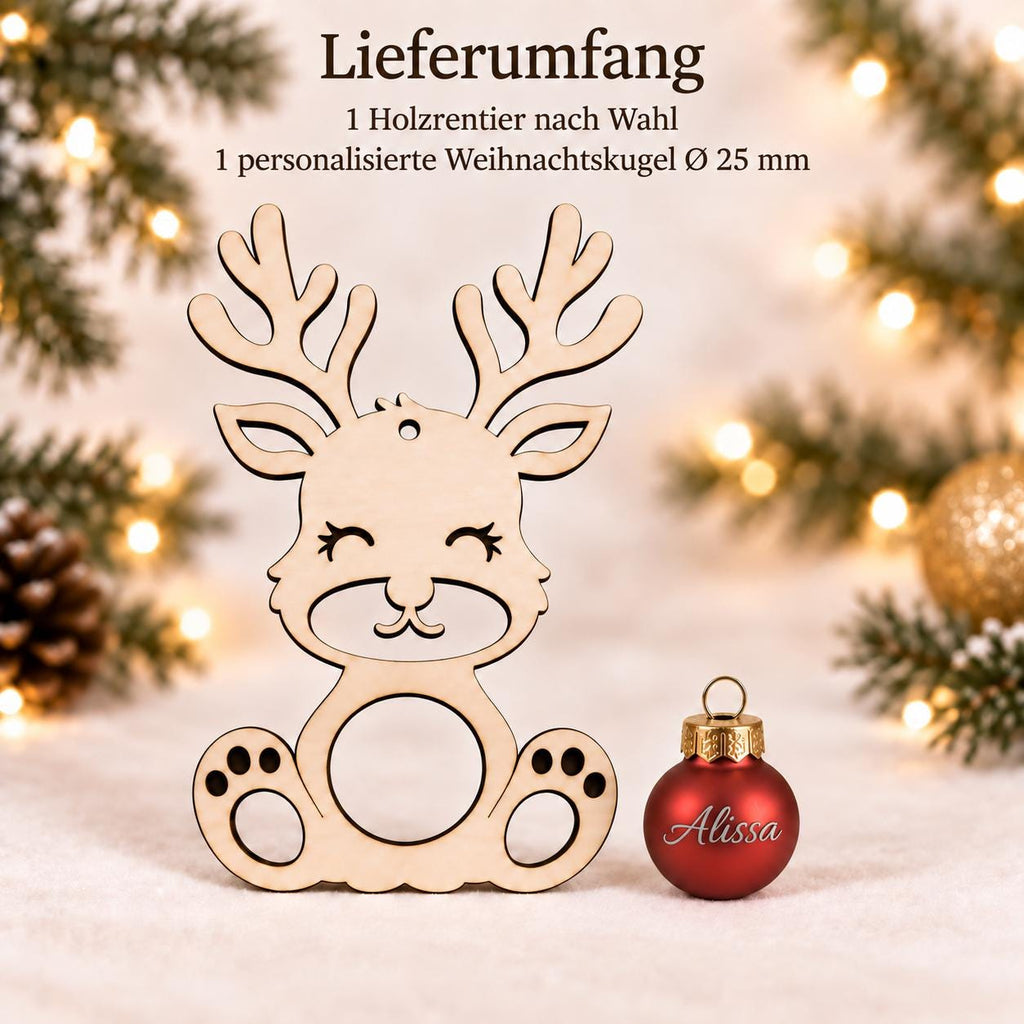 Rentier aus Holz mit personalisierter Weihnachtskugel