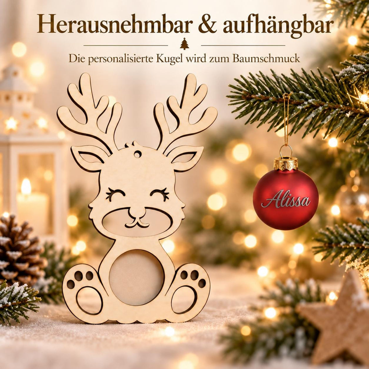 Rentier aus Holz mit personalisierter Weihnachtskugel