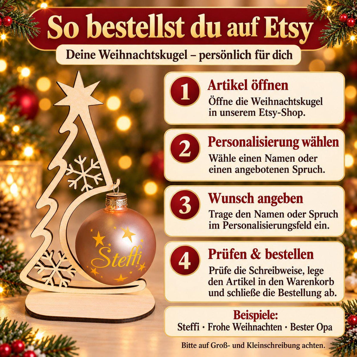 Weihnachtskugel 8 cm mit Licht und Holzständer, personalisiert