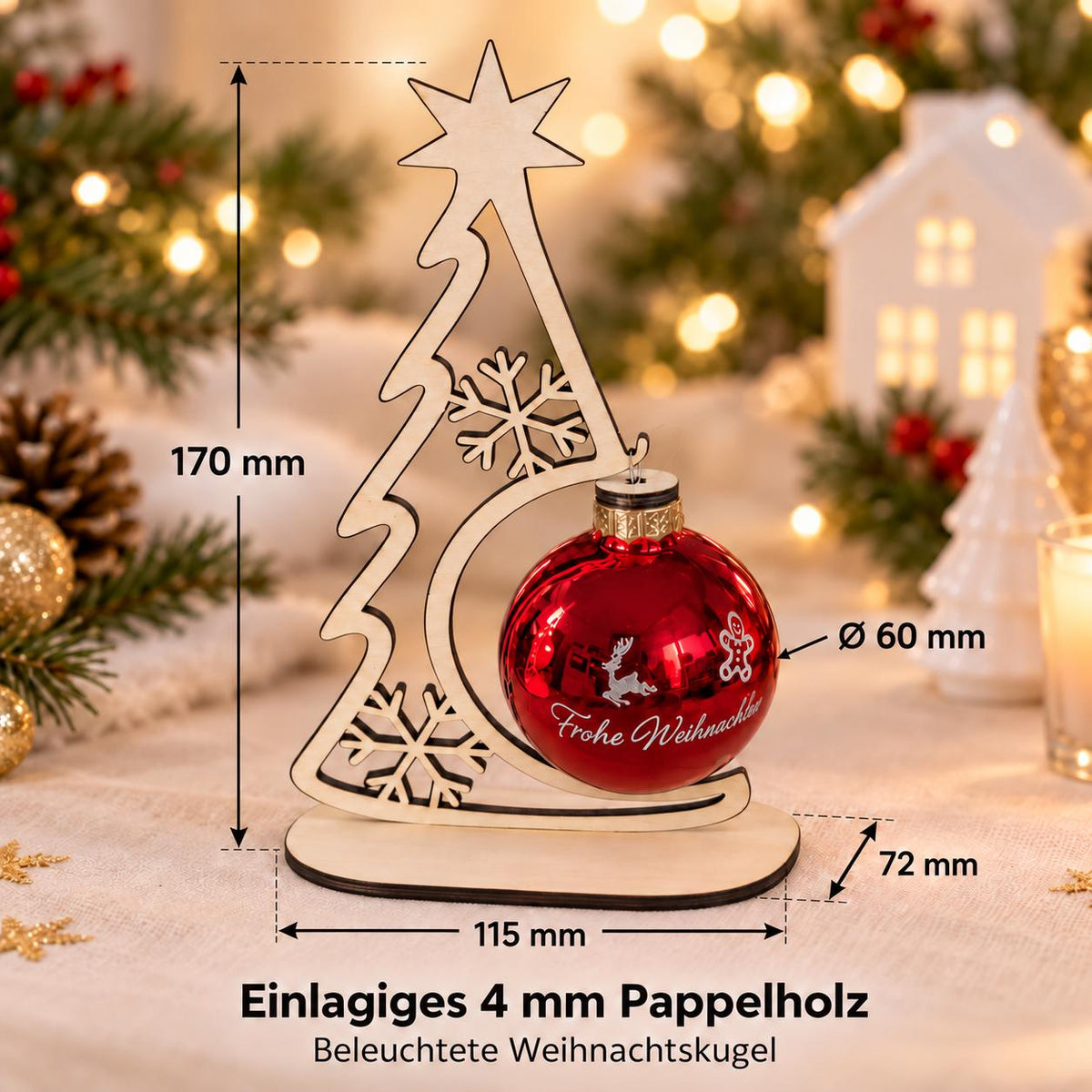 Beleuchtete Weihnachtskugel mit Wunschtext und Holzständer