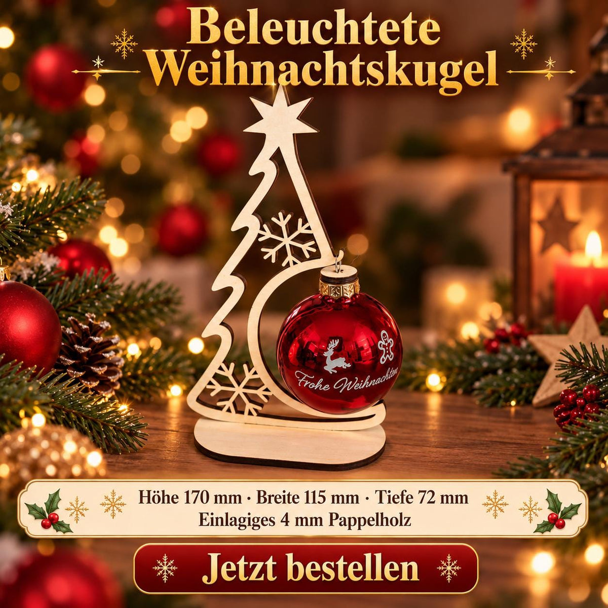 Beleuchtete Weihnachtskugel mit Wunschtext und Holzständer