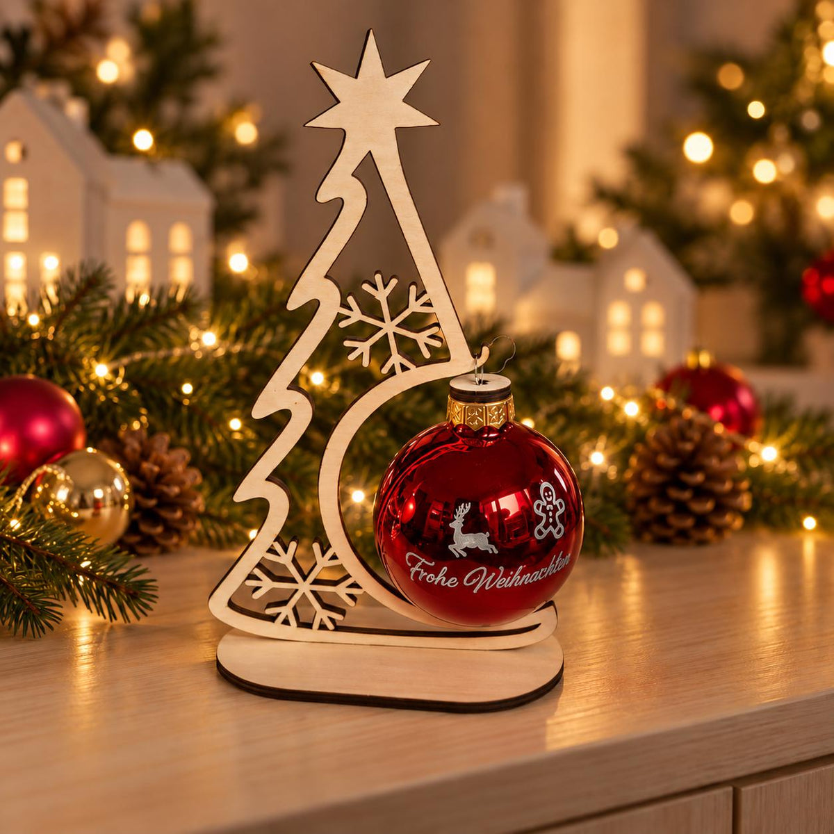 Beleuchtete Weihnachtskugel mit Wunschtext und Holzständer