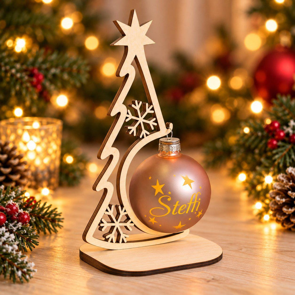 Weihnachtskugel 8 cm mit Licht und Holzständer, personalisiert