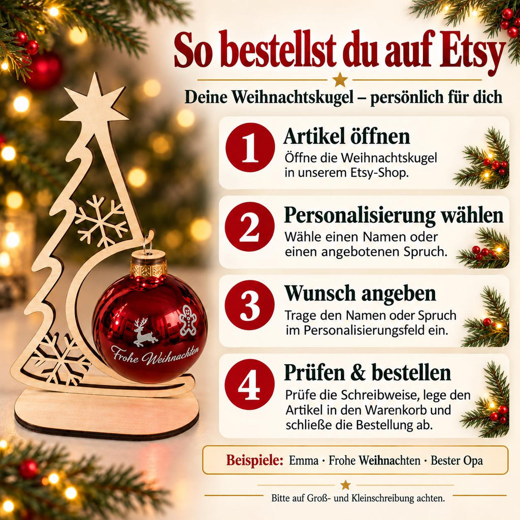 Beleuchtete Weihnachtskugel mit Wunschtext und Holzständer