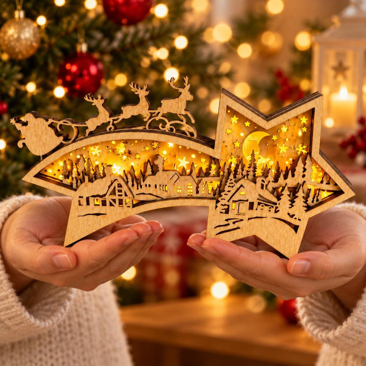 Beleuchteter Weihnachtsstern aus Holz – Sternschnuppe mit Winterdorf