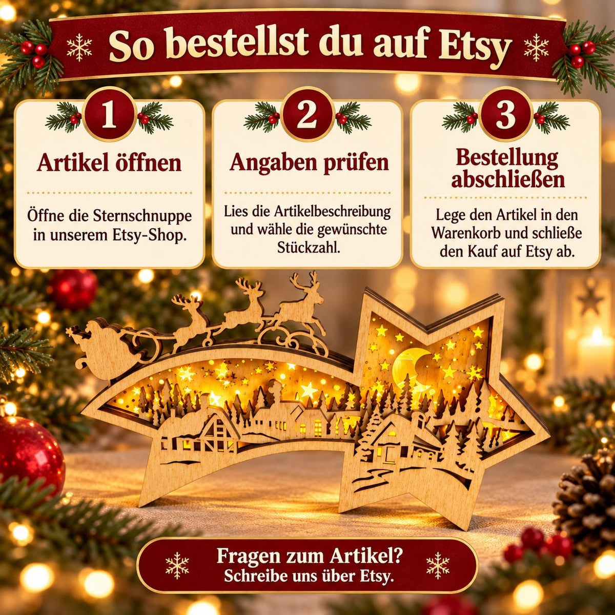 Beleuchteter Weihnachtsstern aus Holz – Sternschnuppe mit Winterdorf