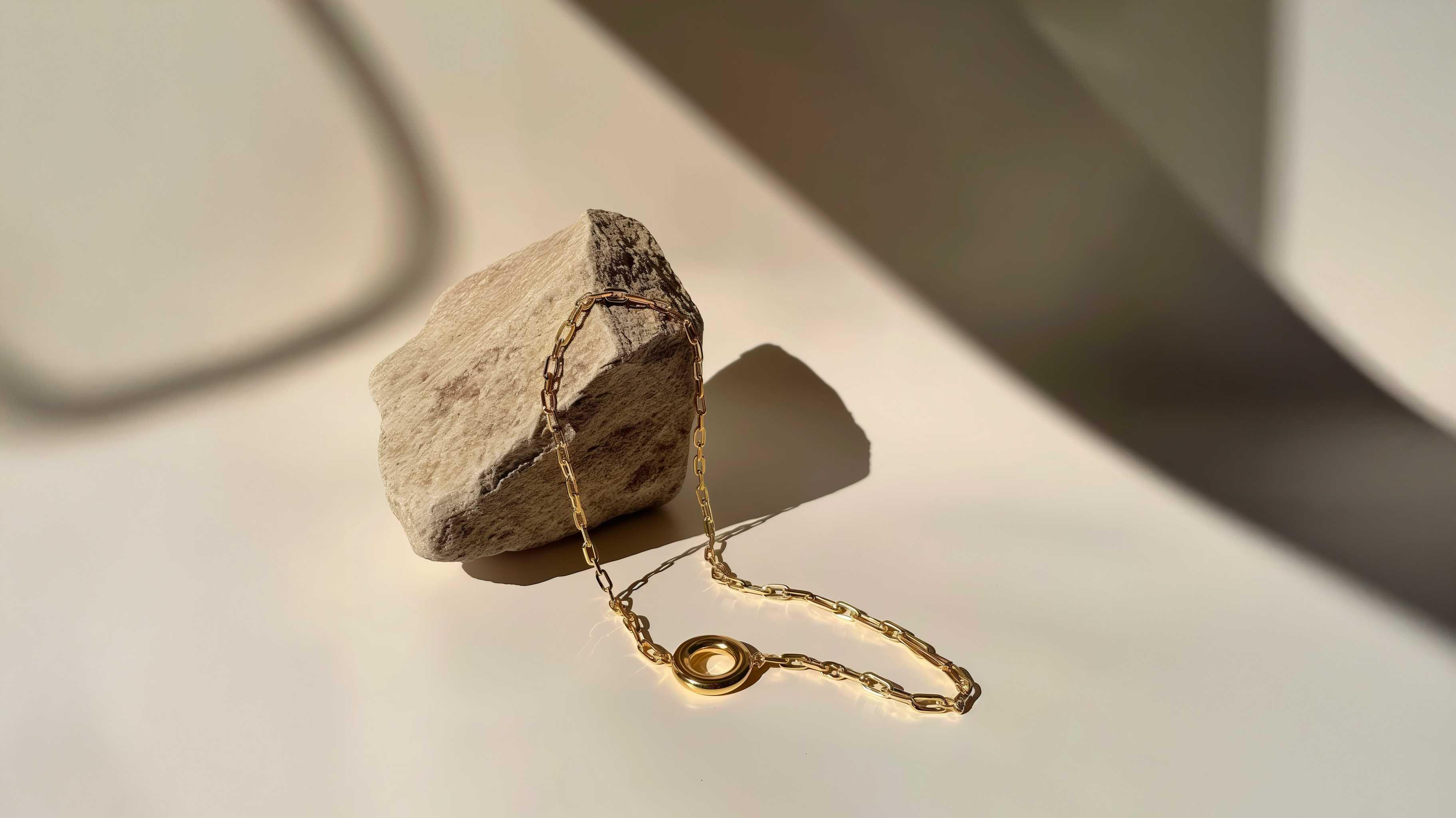 Goldene Kette mit runder Anhänger, elegant auf Stein präsentiert, minimalistisches Design