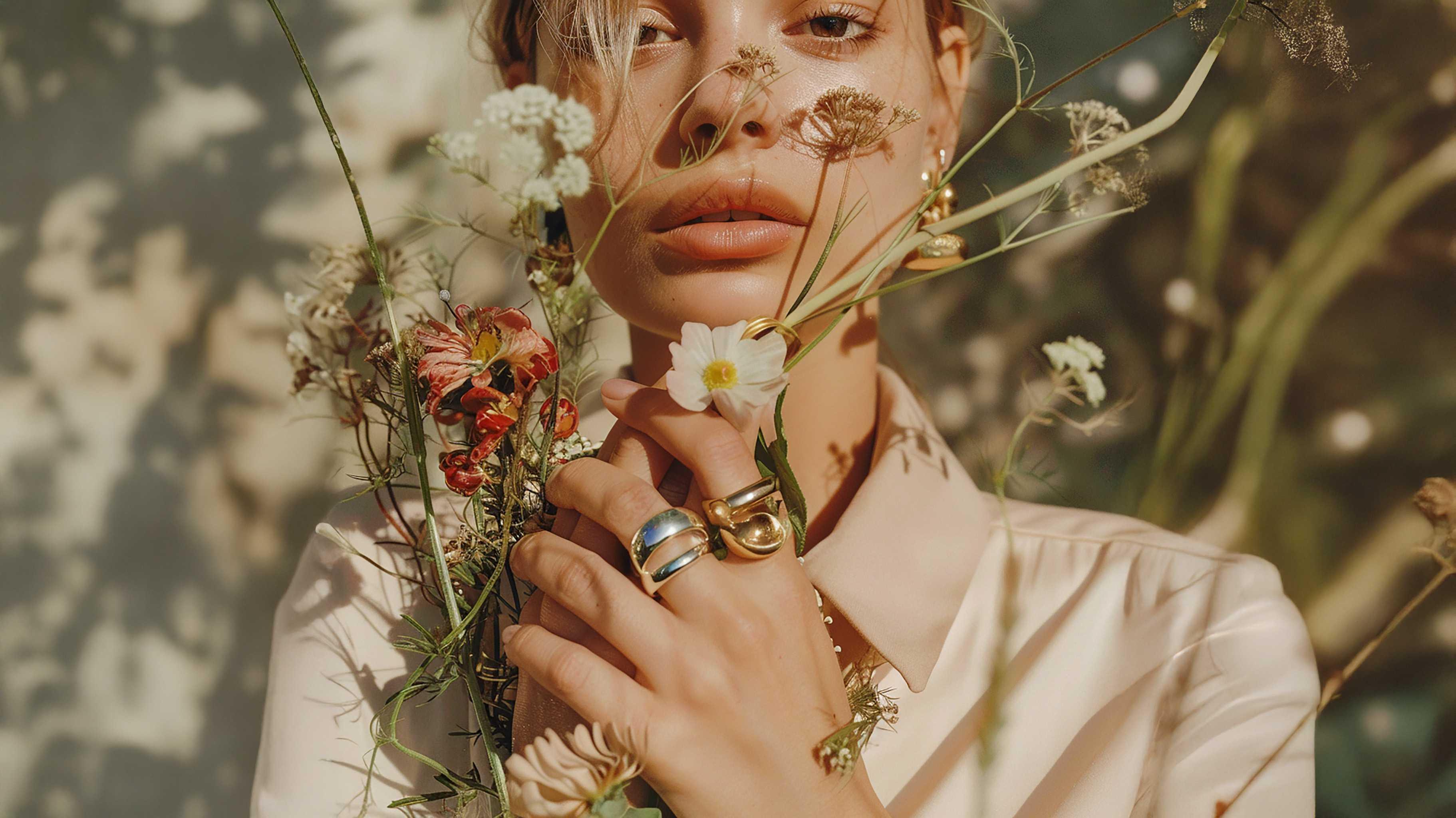 Frau mit Blumenstrauß und goldenen Ringen, natürliche Schönheit im Sonnenlicht