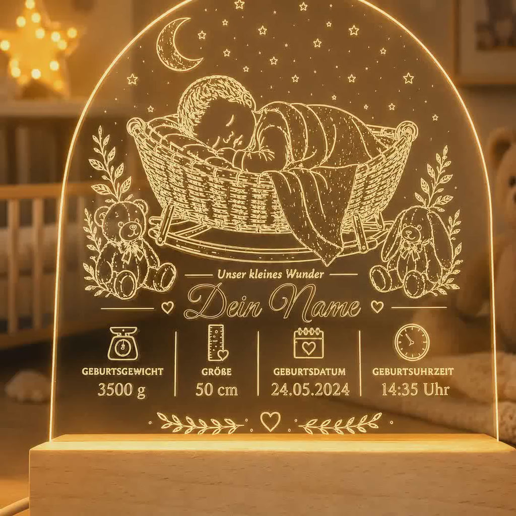 LED-Babylampe „Unser kleines Wunder“ mit Namen