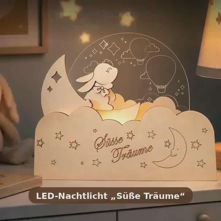 Veilleuse LED personnalisable « Doux rêves » avec lapin, lune et montgolfières – lampe de chambre d'enfant dimmable en contreplaqué de peuplier et verre acrylique