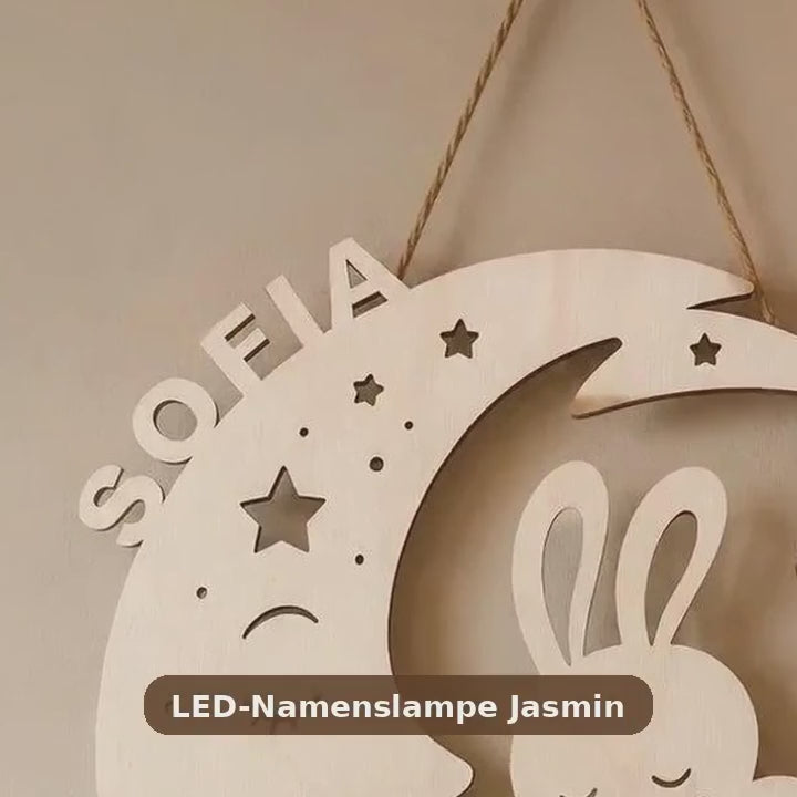 Lampe LED personnalisée prénom "Jasmin" lapin avec lune – Veilleuse en bois pour chambre de bébé